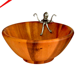 Bol à salade rond en bois avec base métallique pour restaurants et usage domestique, idéal pour servir des aliments et des collations - Product Image 5