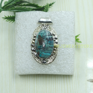 Colgante de Piedra Crisocola, Plata de Ley 925, Latón, Hecho a Mano, Ovalado, Piedra Natural, Joyería de Moda para Mujer, Estilo Boho Vintage - Product Image 2