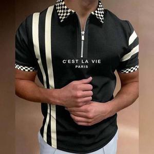 Camisa de Golf a Rayas Negra para Hombre, de Alta Calidad, Antiarrugas, de Manga Corta, con Cierre, Personalizada y Bordada, al por Mayor - Product Image 4