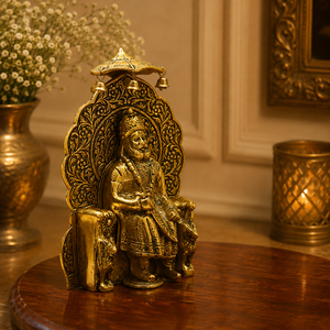 Murti de Khatu Shyam Ji hecho a mano en latón sobre Singhasan con Chhatra, pieza decorativa para el templo y la decoración del hogar. - Product Image 1