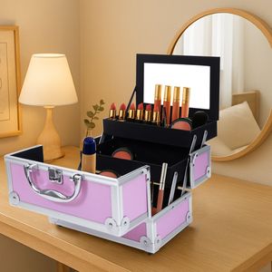 Valigetta in Alluminio Rosa SM 2176 per Trucchi 23x15x15 cm, Portagioie con Specchio e Maniglia, Organizer Cosmetico Riciclabile - Product Image 2