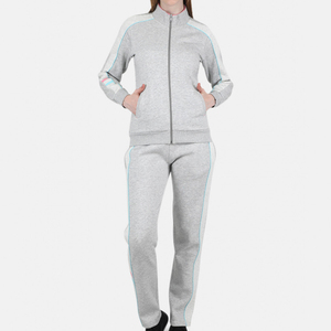 Ensemble de survêtement gris pour femmes, manches longues, col montant, fermeture éclair sur le devant, poches latérales, tenue décontractée - Product Image 1