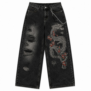Jean en denim coupe large pour homme, taille haute, déchiré, broderie dragon noir, style chinois, coupe ample, streetwear, automne, en coton - Product Image 1