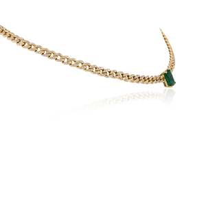 18K Gold Solitaire Emerald and Diamond Studded Curb Chain Choker Necklace - Product Image 5