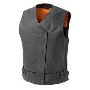 Gilet sans manches en cuir véritable pour homme, col en V, fermeture boutonnée, couleur unie, style motard, vêtement d'extérieur d'automne, coupe classique - Product Image 3