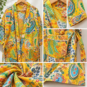 Premium Yellow Floral Cotton <b>Kimono</b> | <b>Women</b> V Neck Long Sleeve Dressing Gown | High Quality Masterpiece Drawstring Fitted Robe - Product Image 4