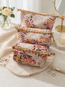 กระเป๋าเครื่องสำอางผ้าฝ้ายพิมพ์ลายดอกไม้สีชมพู ทนทาน มีซิป กระเป๋าอินเดียสำหรับจัดเก็บเครื่องสำอางสำหรับเดินทาง - Product Image 1