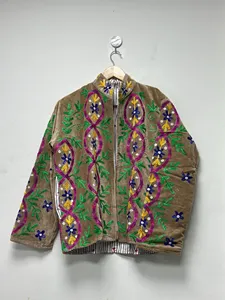Veste en velours brodée à la main avec motif floral multicolore, manches longues, col montant, style bohème, manteau d'hiver pour femmes - Product Image 3