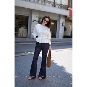 Camisa Elegante para Mujer al por Mayor, Ajustada, con Pliegue en la Espalda y Cintura, Cuello Redondo, Manga Larga, Algodón Lavado, Suave y Transpirable, para Oficina A8117 - Product Image 1
