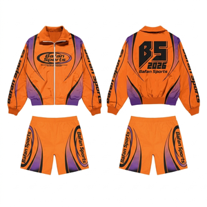 Ensemble court coupe-vent en polyester 120 GSM pour homme, design à panneaux orange et violet, logo personnalisé par sublimation, survêtement grande taille - Product Image 1