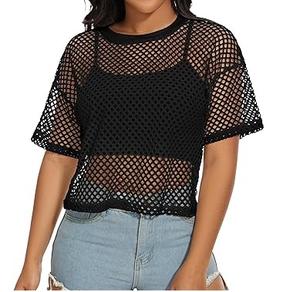 เสื้อยืดตาข่ายซีทรูเซ็กซี่สำหรับผู้หญิง สีดำ แขนสั้น เสื้อครอปสำหรับฤดูร้อน เสื้อตาข่าย - Product Image 1