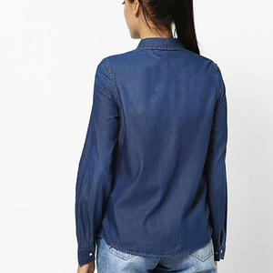 High Quality Western Shirt for Women <b>Cowgirl</b> <b>Sexy</b> Dressy Long Sleeve Solid Dark Blue Color Plain Button up Denim Ladies Blouses - Product Image 4
