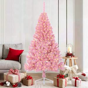 Sapin de Noël artificiel rose en PVC de 70,9 pouces pré-éclairé avec 300 LED - Product Image 1