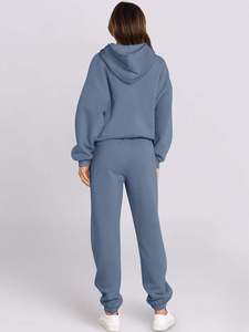 Conjunto Deportivo de Sudadera con Capucha Azul para Mujer, 100% Algodón, Corte Holgado Informal, Largo, Colores Lisos, Bolsillos Laterales - Product Image 2