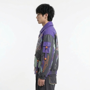 New Trend Streetwear Bomber <b>Jacket</b> Character Print Turn-down Collar Zipper Front Patch Designs Autumn Regular Fit - Product Image 4