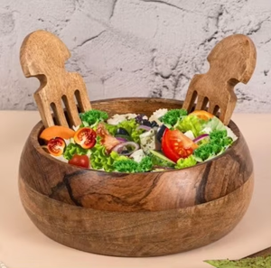 Juego de ensaladeras de madera de mango natural hechas a mano con tenedores grandes sostenibles de madera ecológicos para mejores porciones - Product Image 3