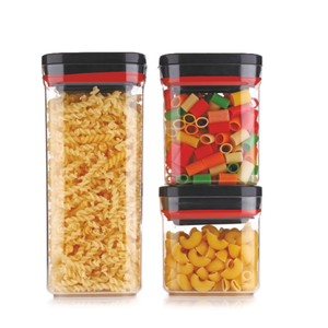 Clear Airtight Food <b>Storage</b> <b>Container</b> Set of 3 Square <b>Kitchen</b> Organizers with Black Red Lids for Pantry Countertop Grains Pulses - Product Image 2