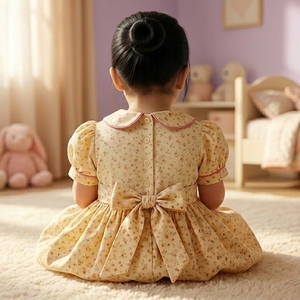 Robe pour bébé et enfant en coton, style vintage traditionnel, brodée, à manches bouffantes, motif floral éclatant, collection Printemps-Été, ODM/OEM - Product Image 4