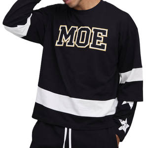 Camiseta de algodón grueso para hombre, estilo streetwear, con paneles de rayas en contraste y logo aplicado, venta al por mayor OEM - Product Image 1