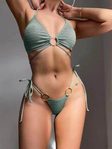 Ensemble de bikini texturé deux pièces pour femme avec détail anneau, maillot de bain tendance pour vacances à la plage, à nouer sur les côtés - Product Image 4
