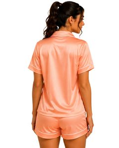Conjunto de Pijama de Satén Color Durazno Personalizado por el Fabricante, Ropa de Dormir de Seda para Mujer, Bordado de Rosas, Suave, con Botones, Manga Corta - Product Image 2
