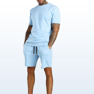 Ensemble t-shirt et short pour homme, bleu clair, col rond, couleur unie, vêtements décontractés d'été, coton tricoté, respirant, coupe classique - Product Image 2