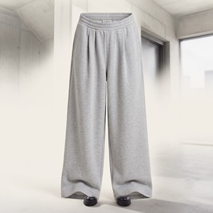 Pantalon taille haute à jambe large et droite, couleur unie, en coton éponge, coupe ample, longueur intégrale, plissé, décontracté, gris automne, élastique, haute qualité - Product Image 2