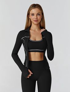 <b>Womens</b> workout sets Contrast Long Sleeve <b>Jacket</b> with Sports Bra and Butt-lifting Pants Yoga Outfits 3 Pieces Set - Product Image 2