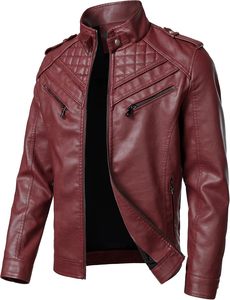 <b>Men's</b> Burgundy PU <b>Leather</b> Moto Biker <b>Jacket</b> Stand Collar Zipper Front Solid Color Regular Sleeve Winter Style Hooded - Product Image 2