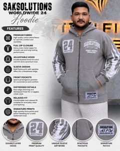 Wholesale Custom Gray Washed <b>Full</b> <b>Zip</b> Hoodie Crystal Studded Flame Print Distressed Oversized Hip Hop <b>Sweatshirt</b> for Unisex Wear - Product Image 5