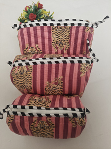 Tiger Red Stipel Block Printed Durable Cotton Zipper <b>Makeup</b> <b>Case</b> Indian Pouches Travel Cosmetic Practical - Product Image 4