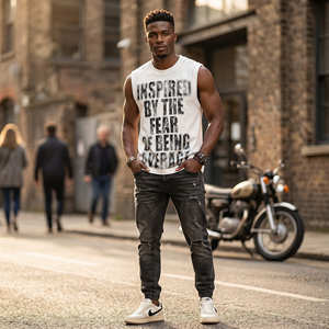 Camiseta sin mangas extragrande para hombre con estampado motivacional 'Inspirado por el miedo a ser 'promedio'': estilo urbano desgastado - Product Image 3