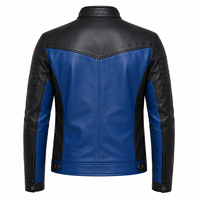 Blouson Moto Homme en Cuir et Toile Bleu Noir, Col Montant, Logo Frontal, Fermeture Éclair, Coupe Slim, Coupe-Vent, Idéal Hiver