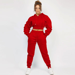 Conjunto de Sudadera Corta Roja y Pantalones Jogger para Mujer, Ropa Casual Urbana, Color Sólido, Manga Larga, Transpirable, Tejido de Punto, 100% - Product Image 4