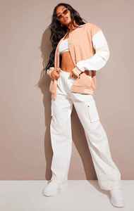 Women's Peach Varsity <b>Jacket</b> With <b>White</b> Sleeve Solid Color Preppy Style Button Up Collar Full Sleeve Regular Fit Autumn Wear - Product Image 2