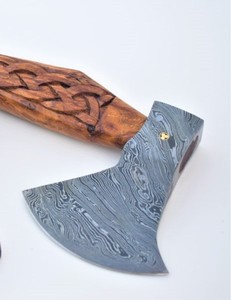 CUSTOM HANDMADE INDUSTRIAL DAMASCUS STEEL <b>AXE</b> HEAD ENGRAVED <b>WOOD</b> HANDLE with LEATHER SHEATH - Product Image 5