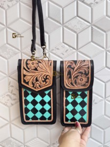 Luxury Handcrafted Phone <b>Purse</b> Handbag Hand Tooled Carving Leather Bag Big Size Bag Checkers Pattern Cross-Body Sling Bag - Product Image 4