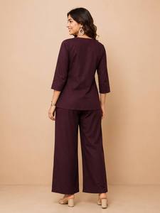 Ensemble ethnique marron pour femmes avec broderie, manches trois quarts, coupe ample, décontracté, toutes saisons, style Inde Pakistan - Product Image 4