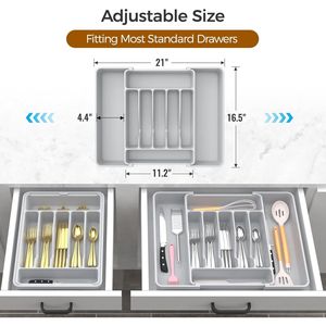 Organizzatore per posate da cucina espandibile extra large, senza BPA, per alimenti, in argento, per cassetti e utensili - Product Image 4