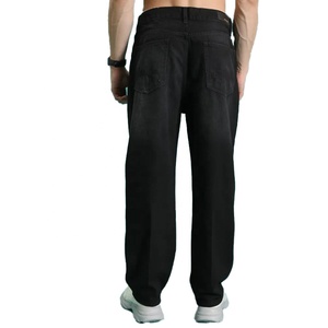 Jean en denim de coton noir uni pour homme, taille haute, coupe droite, coupe classique, poids moyen, pour l'automne - Product Image 2