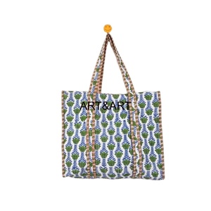 Indian Hand Block Printed <b>Quilted</b> Women's Summer Fashion Tote Shopping Carry Shoulder Bag Multi-Color Floral Print Cotton Two - Product Image 4