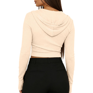 Sweat-shirt court zippé à capuche côtelé beige de haute qualité pour femme, à manches longues, couleur unie, tricoté, pour l'automne, OEM ODM - Product Image 2