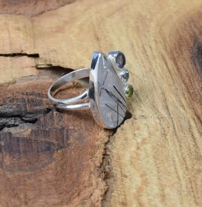 Wholesale Natural <b>Black</b> Rutile 925 Sterling Silver Multi Gemstone <b>Ring</b> with Iolite and Peridot Handmade Elegant Jewelry - Product Image 6