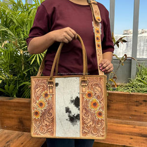 Sac fourre-tout en cuir de vachette véritable de haute qualité repoussé à la main en cuir de tournesol sac de transport dissimulé sac de bureau en cuir de sculpture occidentale - Product Image 2