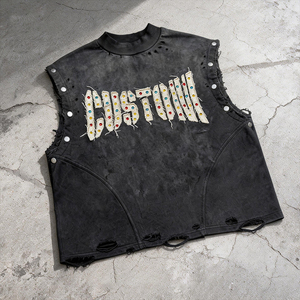 Camiseta sin Mangas Personalizada para Hombre, Estilo Punk, Cuello Redondo, Logotipo Bordado, Diseño Frontal con Pedrería Premium - Product Image 1