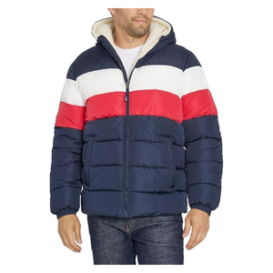 Custom OEM Winter Puffer Jacket Men Color Block Warm Sherpa Lined Hooded Bubble <b>Coat</b> - Product Image 4