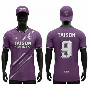 Camiseta de fútbol para hombre, tela de poliéster premium, transpirable, color morado, paneles cosidos, logotipo personalizado con transferencia térmica. - Product Image 4
