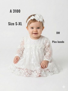 <b>White</b> Lace Embroidered A-Line <b>Dress</b> with Long Sleeves Floral Pattern for Girls <b>Size</b> S-XL Plus Headband - Product Image 3