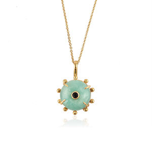 Collier pendentif en amazonite naturelle avec de minuscules breloques en onyx noir et zircone cubique, incrustation de pierres précieuses, bijoux faits à la main sertis à griffes - Product Image 1