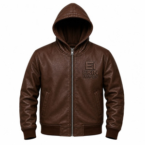 Luxury Style Unisex Embossed PU Leather Hoodie <b>Jacket</b> | Premium Full Zip Hooded Bomber Winter <b>Rhinestone</b> Design - Product Image 1